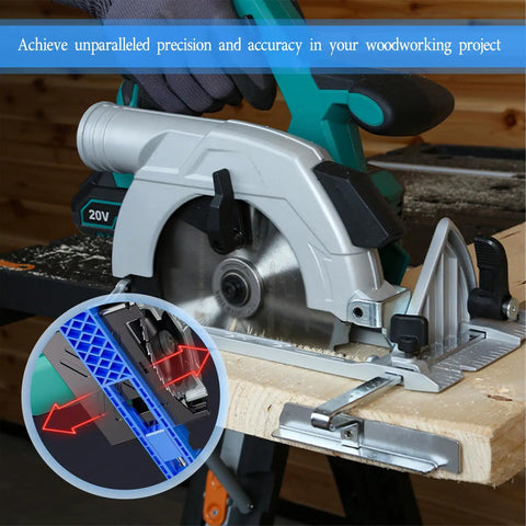 Ultra Precision Adjustable Cutting Machine Base Guide for Circular Saw on wooden plank in use for woodworking projects