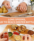 Stainless Steel Measuring Cups And Spoons Set With Nesting Square Design for kitchen shown with spices and ingredients.