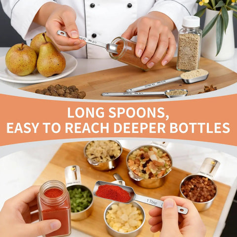 Stainless Steel Measuring Cups And Spoons Set With Nesting Square Design for kitchen shown with spices and ingredients.