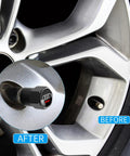 Close-up of Audi Tire Valve Stem Caps 4 Pack Aluminum Alloy Metal Air Caps on a car wheel before and after installation