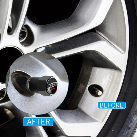 Close-up of Audi Tire Valve Stem Caps 4 Pack Aluminum Alloy Metal Air Caps on a car wheel before and after installation