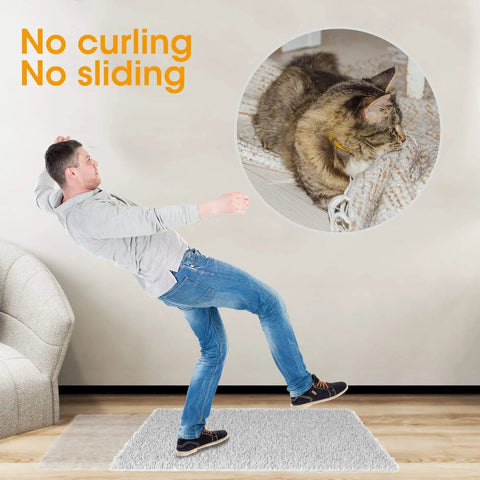 Person slipping on rug with cat and text 'No curling No sliding.' Non Slip Rug Stopper Tape Set 10 Pcs Double Sided Reusable.