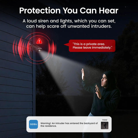Illustration of security camera with loud siren and lights in action from Solar Security Cameras Wireless Outdoor Kit With 2 Minute Easy DIY Install No Subscription Required Local Storage 2K Color Night Vision 2.4GHz And 5GHz WiFi 4 Camera System For Home Security.