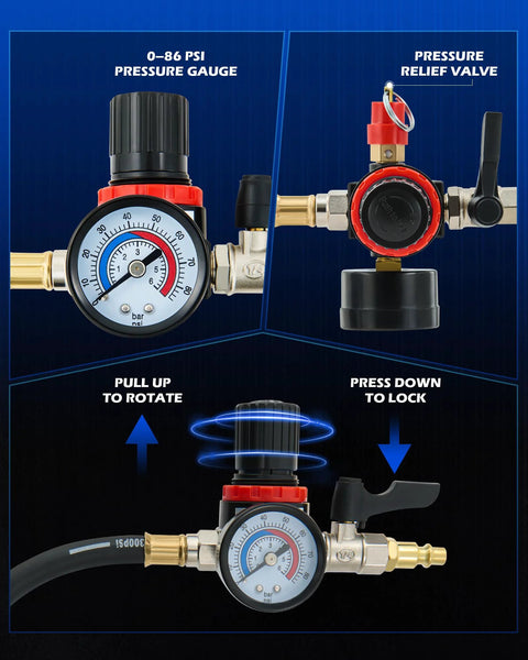 Orion Motor Tech turbo leak tester kit with gauge, relief valve, and 4 adapter pairs (1-3/8" to 3-1/2")