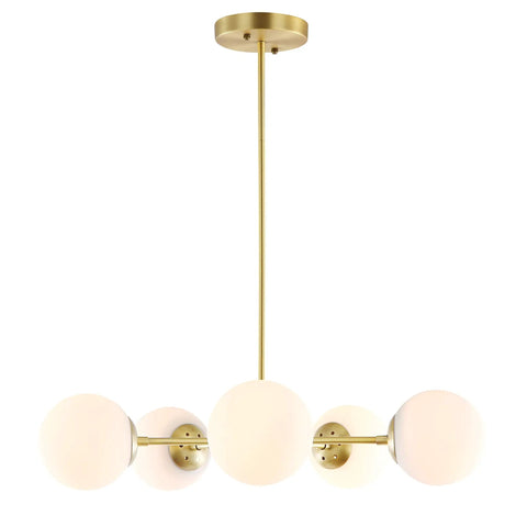 Grammercy 5 Light Chandelier Pendant In Brushed Brass With White Frosted Globes Classic Retro Chic Mid Century Modern Ceiling Fixture