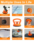 Image showing multiple uses of the 3 Pack Car Dent Puller Kit With 7 In 1 Suction Cup System For Dents On Cars Pro Grade Dent Removal Tool Set For Body Panels Glass And Screens Durable ABS Lifters Large And Small Pullers Sponges And Pads Orange And Black.