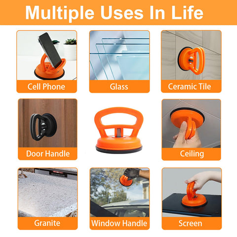 Image showing multiple uses of the 3 Pack Car Dent Puller Kit With 7 In 1 Suction Cup System For Dents On Cars Pro Grade Dent Removal Tool Set For Body Panels Glass And Screens Durable ABS Lifters Large And Small Pullers Sponges And Pads Orange And Black.