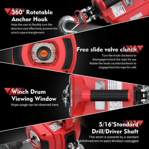 Beefy Portable Drill Winch With 1500 Lb Capacity Red Handheld Winch Kit 40 Foot Synthetic Rope 360 Degree Hook Rotation Built To Lift And Drag Heavy Gear Includes Down Strap With D Rings, 360° hook and clutch view
