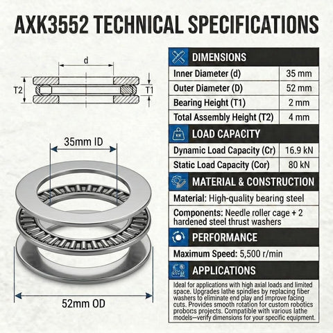 Technical specifications of Axial Thrust Needle Roller Bearing And Washer Set AXK3552 Plus 2AS with dimensions and load capacity