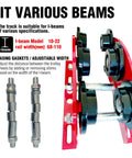 Heavy Duty 6 Wheel Manual Trolley for I-Beam 1 Ton Load, showing adjustable flange and wheels for various beam sizes.