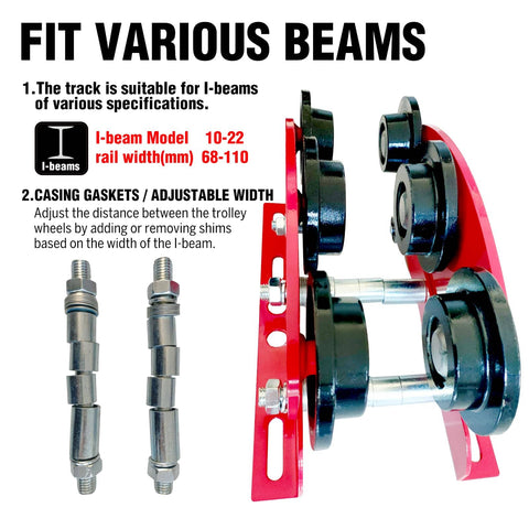 Heavy Duty 6 Wheel Manual Trolley for I-Beam 1 Ton Load, showing adjustable flange and wheels for various beam sizes.