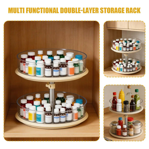2 Tier Lazy Susan Turntable Organizer For Medicine Cabinet And Kitchen Countertop with bottles, clear trays, 360 degree spin