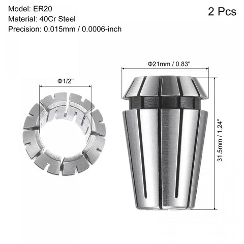 ER20 Spring Collet Half Inch Chuck For CNC Engraving Lathe And Milling Machines, 0.015mm Runout, 40Cr Steel, 2 Pack