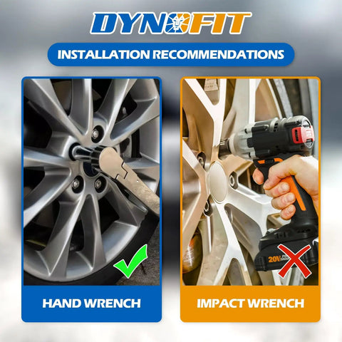 Comparison of installing 24 Piece Lug Nut Set 14x1.5 For Chevy Ford Ram GMC with hand wrench vs impact wrench on wheel