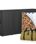 8Ft Heavy Duty Firewood Rack With Cover for indoor and outdoor use, showing rugged steel log holder and firewood bag