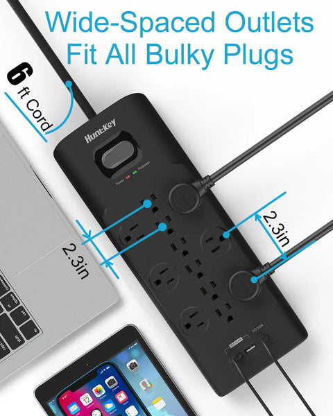 12 Outlet Surge Protector Power Strip With 3480 Joule Defense featuring wide-spaced outlets, six-foot flat plug, and USB ports
