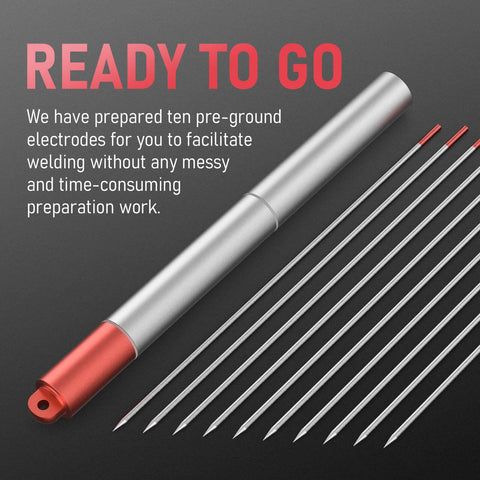 Tungsten Electrodes Pre Sharpened For TIG Welding 3/32 By 7 Inches Red Tip WT20 EWTh2 Pack Of 10 displayed next to case