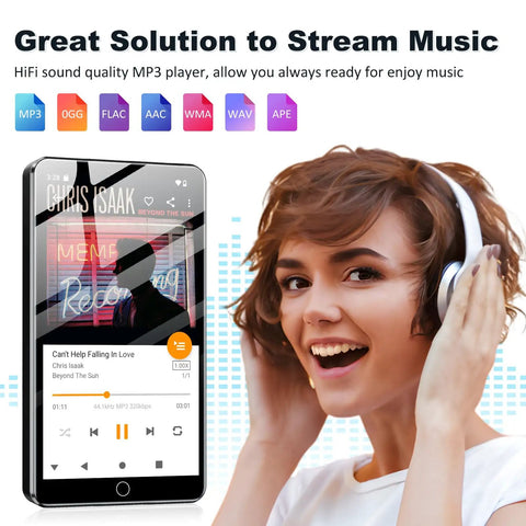 Woman enjoying music with 144GB Android 13 MP3 Player With Bluetooth And WiFi, 4 Inch Touchscreen MP3 And MP4 Player With Built In Speaker