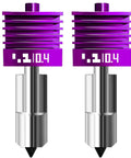 Two Pack 0.4mm H2D H2S H2C P2S Hotend Nozzles With Anti Stick MPVD Coating For P2S Series And A1 Mini 3D Printers in purple and silver.