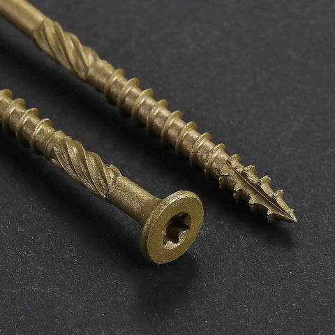 Close-up of Two Inch Deck Screws For Exterior Wood, Rust Resistant Epoxy Coated Bronze Finish, showing T20 star bit and serrated threads.