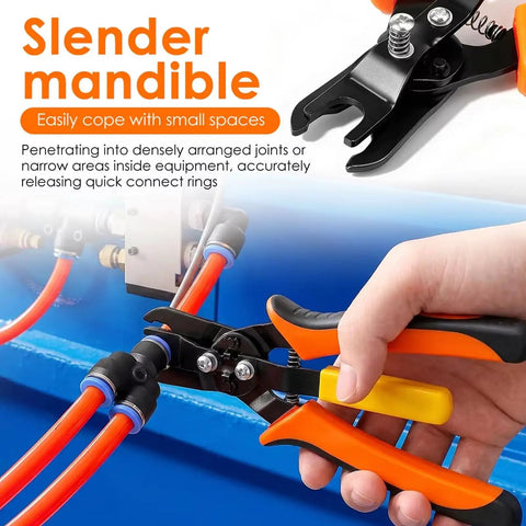 Awesome Set Of Premium Push To Connect Air Line Disconnect Tools With 15 Piece Fitting Kit For Quick Removal And Installation On All Common Pneumatic Sizes Like 1/4 Inch To 1/2 Inch Without Any Hassle. narrow-space pneumatic disconnect tool with orange handle on air line fittings