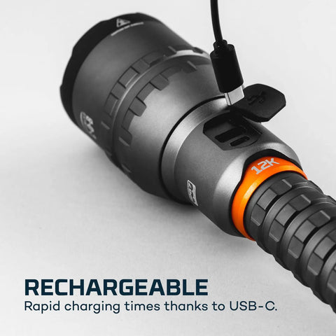 Close-up of 12K Lumen Flashlight With Built In USB Power Bank Beastly Brightness Rugged Waterproof Floodlight and Spotlight Rechargeable USB C