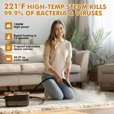 Woman using Portable Handheld Steam Cleaner With 16 Versatile Attachments, 1500W heat, on carpet, showcasing steam control.
