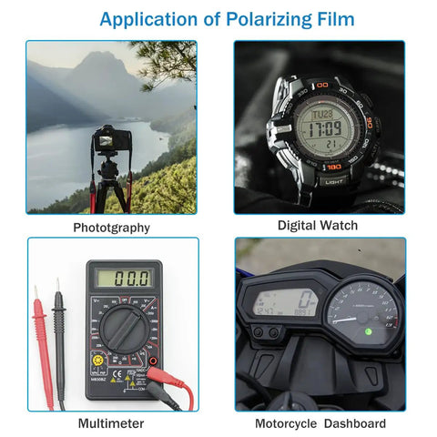 Applications of 3 Pack Polarizing Film Sheets 7.8 By 11.8 Inches 20 By 30 Cm Non-Adhesive Polarizer for photography, watch, multimeter, motorcycle dashboard