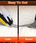 Ceramic fiber blanket insulation being cut with cutter and scissors; white, 1-inch thick, 24x12 inches.