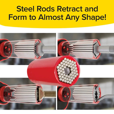 Go To Socket Tool With Drill Adapter For Nuts Bolts And More, showing steel rods retracting and forming various shapes