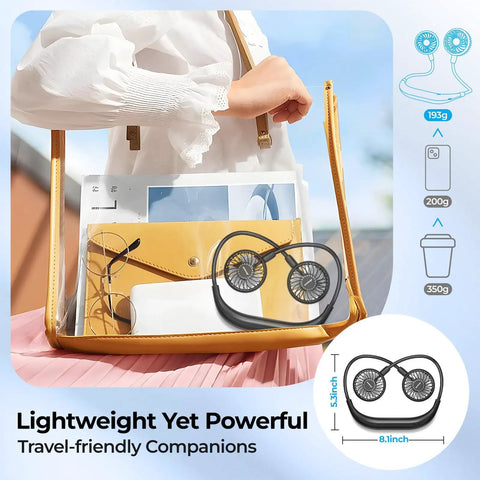 Portable Neck Fan for Hands Free Cooling placed in a transparent bag, showcasing lightweight design and portability.