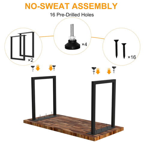 Heavy Duty 14 Gauge Steel Counter Height Table Legs 34 By 24 Inch Square Metal Frame For DIY Kitchen Island Or Standing Desk Industrial Black Built To Last Set Of 2 Supports Up To 1000 Pounds, showing assembly components and pre-drilled holes for easy installation on a wooden surface.