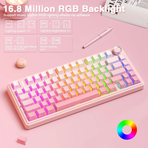 Dead Quiet Pink 75 Percent Wireless Mechanical Keyboard With Hot Swap Slots And Turn Dial, Bt50 And 24Ghz Wireless Setup, Pre Lubed Silent Switches With Rgb Backlight And Smooth Side Printed Pbt Keycaps For Your Killer Gaming Setup on a pink background with RGB lighting.