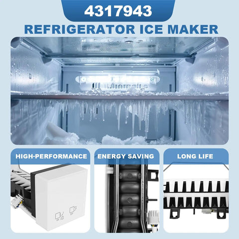 Upgraded 4317943 Refrigerator Ice Maker Assembly Replacement for Multiple Major Brands interior view with ice formation