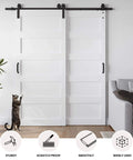 White 40x84 Inch Double Sliding Barn Door Set With 5 Panel MDF Doors, installed with 6 Foot Bypass Hardware Kit in living room.