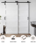 White Double Barn Door Set 36 By 84 Inches, 5-Panel MDF Sliding Doors With 6 Foot Bypass Hardware Kit installed in living room