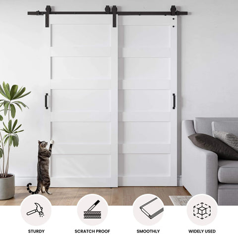 White 42x84 Inch Double Barn Door Set with 5 Panel MDF Sliding Doors and 6 Ft Bypass Hardware Kit installed in a living room