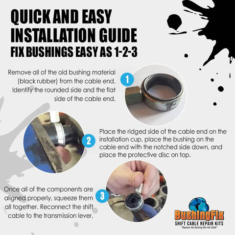 Installation guide for FM1KIT Manual Transmission Shift Cable Bushing Repair Kit For Fiat Jeep And Mini Models with step-by-step images.