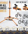 Heavy Duty Four Legged Bike Repair Stand With 176 Lb Capacity Height Adjustable shown with various bike types