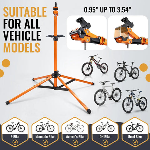 Heavy Duty Four Legged Bike Repair Stand With 176 Lb Capacity Height Adjustable shown with various bike types