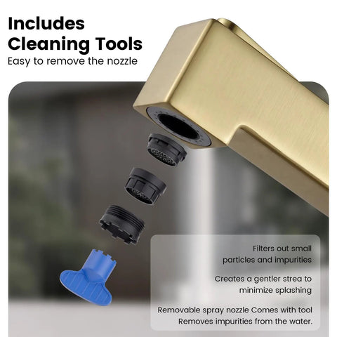 APPASO Gold Kitchen Faucet with Pull Down Kitchen Faucets showing removable spray nozzle and cleaning tools for easy maintenance.