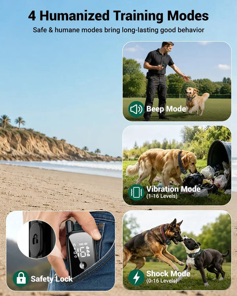 Hella Tough Long Range Dog Training Collar With 2600 Foot Waterproof Remote showcasing training modes, beep, vibration, shock settings.