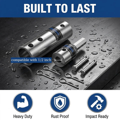 Rock Solid Two In One Trailer Jack Drill Adapter For One And Half Inch Drive Shafts Rust Resistant Stainless Steel Construction compatible with 1/2 inch.