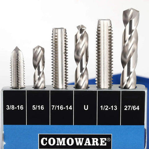 Close-up of six metal taps from a Drill And Tap Set 18 Piece HSS Jobber Length Bits In Metal Indexed Case, various sizes visible.