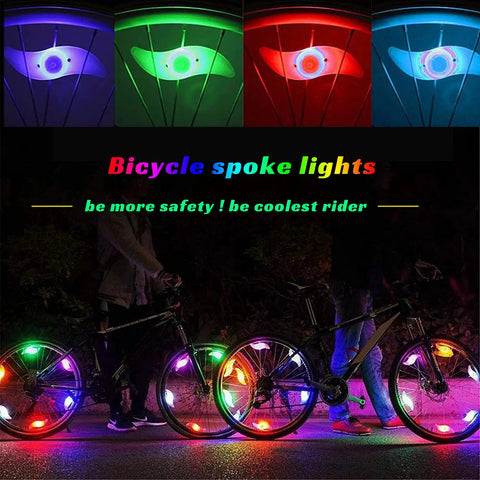 Colorful LED Bike Wheel Lights Set, 5 Pack Waterproof Spoke Lights shown on bicycles at night with fun blink patterns.