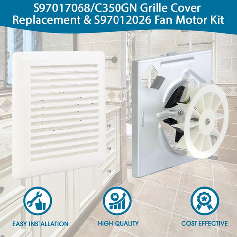 696N R02 B Unit Replacement With C350GN Grille For 695 696N 670 671 689 696MFG Bath Vent Fan Cover shown with motor kit
