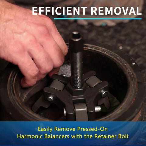 Heavy Duty Harmonic Balancer Puller Kit with 6 Jaw Set in action removing a pulley, demonstrating efficient tool use.