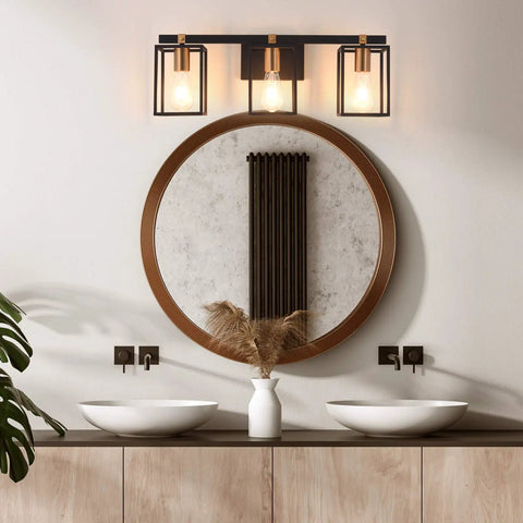 Industrial Style 3 Light Vanity Light Fixture In Black And Antique Brass With Metal Cage Frame Rustic Farmhouse Wall Sconce above sink