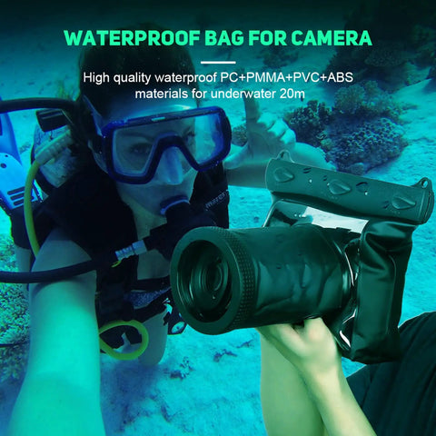 Diver holding Underwater DSLR Housing for Deep Sea Capture Gear, 20 Meter Depth Rating Waterproof Case with camera controls visible