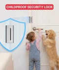 Heavy Duty Door Reinforcement Lock Set 3 Inch Security Lock For Inward Swinging Doors Withstanding Up To 800 Lbs Child Safety Lock Prevents Unauthorized Entry 2 Pack installed on door with child and dog.